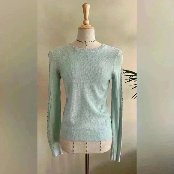 LOFT Mint Knit Pullover Sweater with Crochet Sleeves | Size XS - Picture 4 of 14